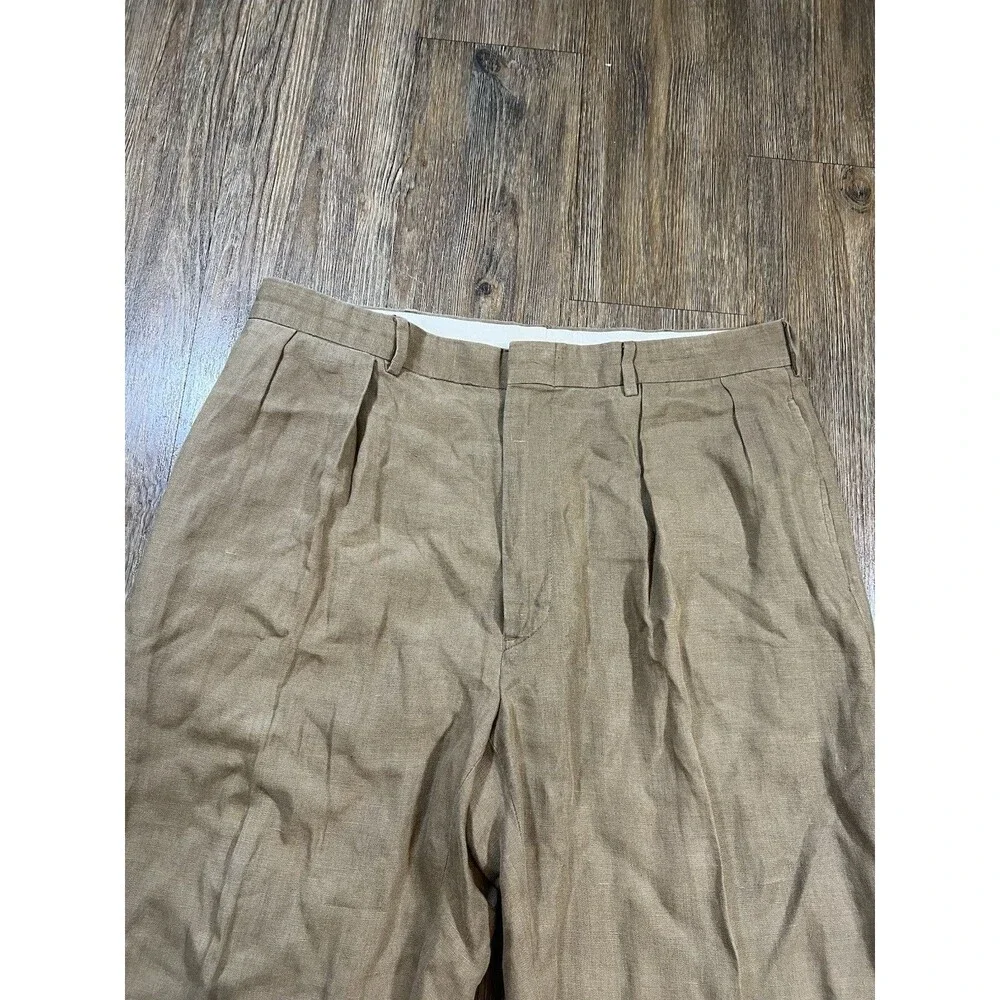 Vintage Polo Ralph Lauren Cuffed Pleated Trouser Pants Beige 100% Linen 36x30